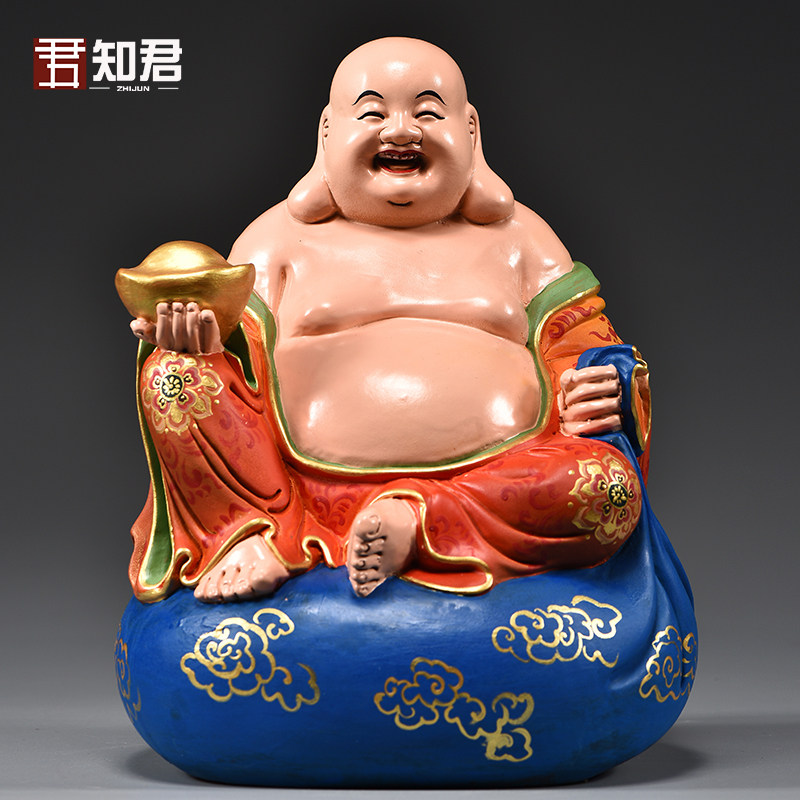 彩绘木雕弥勒佛像摆件实木家用坐笑佛客厅玄关装饰工艺品乔迁送礼