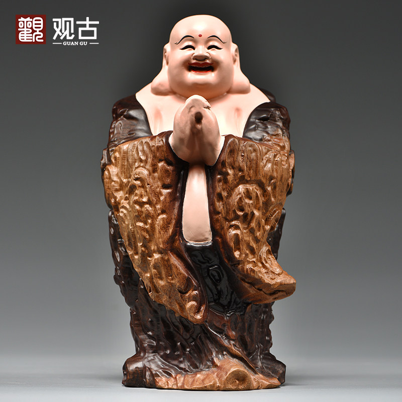 彩绘实木雕弥勒佛像摆件客厅玄关店铺笑佛装饰工艺品开业乔迁送礼