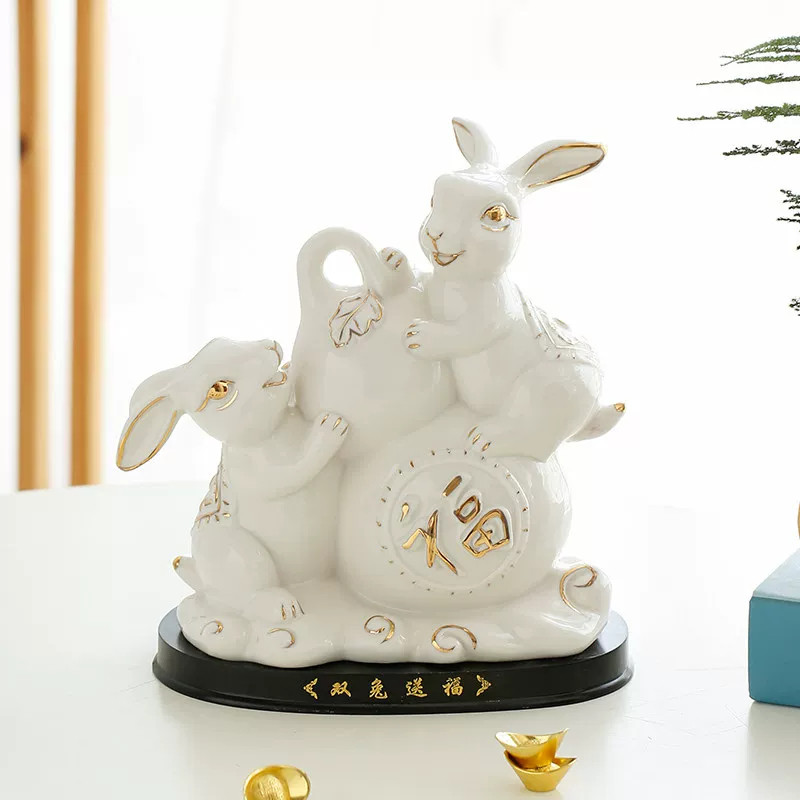 陶瓷兔子葫芦吉祥摆件一对客厅
