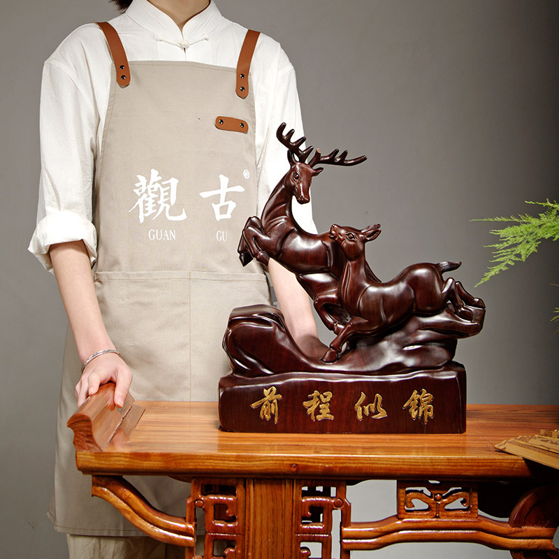 黑檀木雕动物梅花鹿摆件前程似锦红木工艺品家居寓意客厅装饰礼品