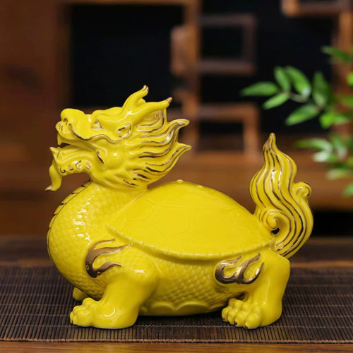 黄色陶瓷龙龟玄武吉祥物摆件