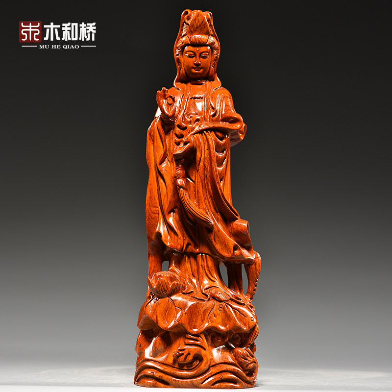 花梨实木雕刻观音佛像摆件如意观世音菩萨家居客厅供奉红木工艺品