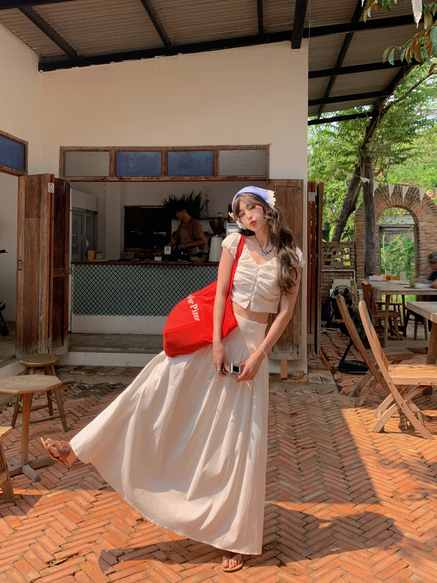 XIALAN XIYU SMBL RAIN 레트로 베이지 디자인 허리 탑 정장 드레스 투피스 여성 여름 세트