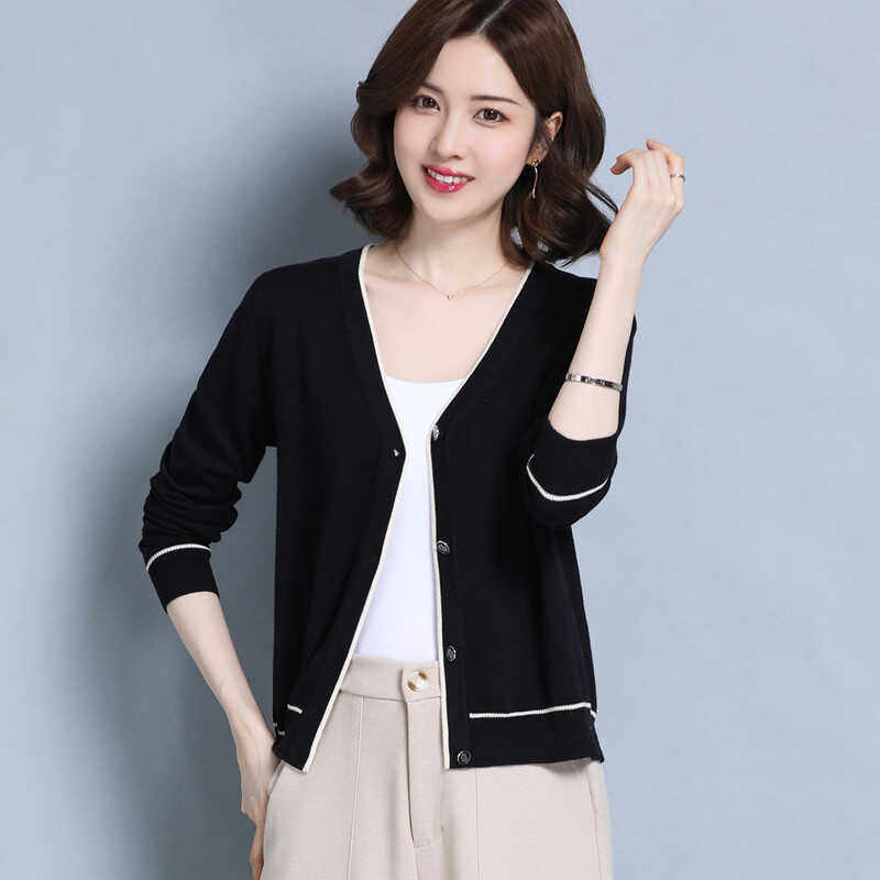 春秋季冰丝针织小开衫女士百搭短款小个子薄款V领外套小披肩外搭