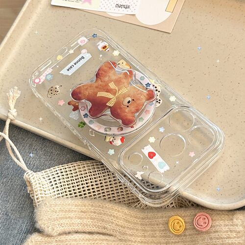 适用卡通手账风小熊17苹果17promax手机壳iphone16磁吸支架15透明