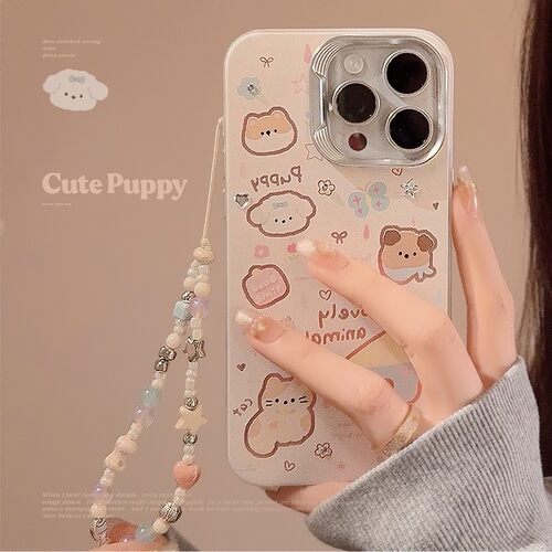 适用ins卡通涂鸦小狗猫咪苹果15pro max手机壳iphone17挂链16硬13