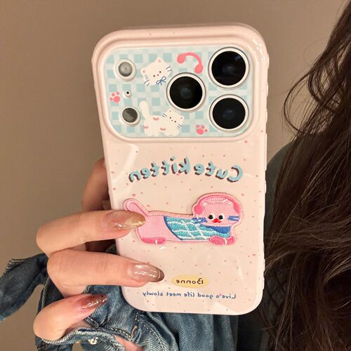 适用软萌猫咪iphone17promax立体刺绣卡通苹果16手机壳13防摔15软