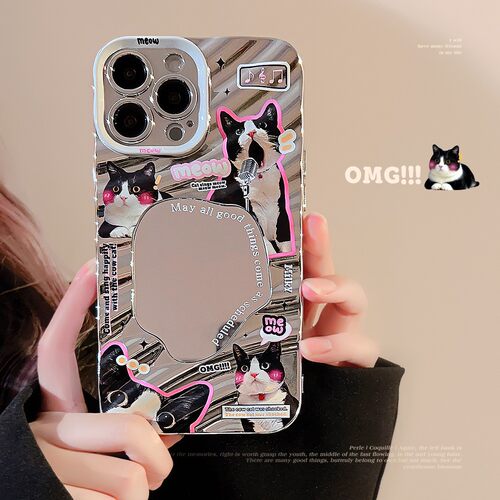适用趣味小黑猫iPhone15手机壳苹果13电镀银17promax镜面16硬壳11