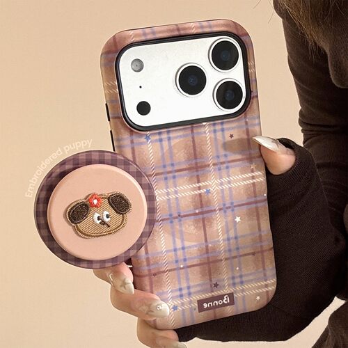 适用复古撞色格纹苹果17promax手机壳iPhone16磁吸刺绣小狗14硬15