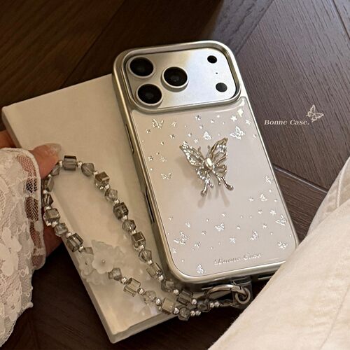 适用轻奢风17promax手机壳iphone17苹果15鎏金银蝴蝶14防摔16挂链