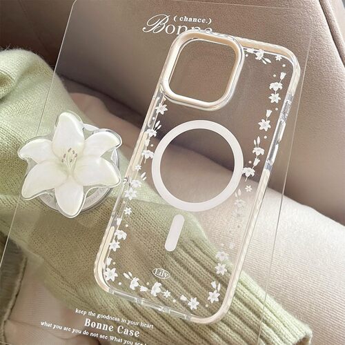 适用ins百合花磁吸支架16pro max透明iPhone17手机壳13防摔清新14