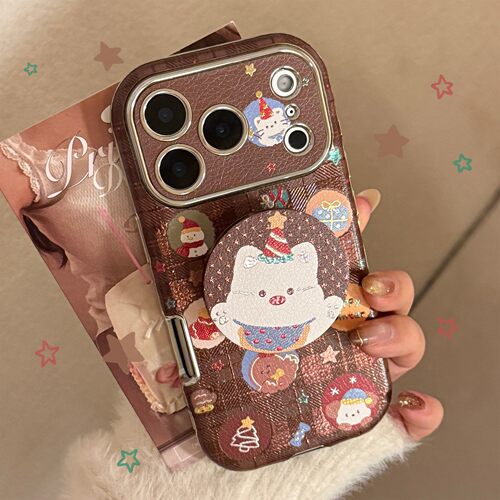 适用皮质鎏金支架苹果17promax手机壳iphone16圣诞小狗15全包13软