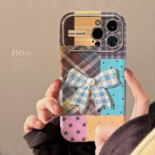 适用iphone16苹果手机壳17promax彩色格纹拼接15立体蝴蝶结13皮质