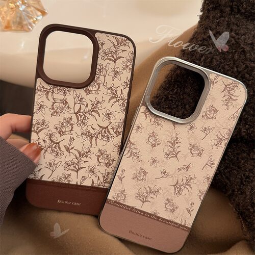 适用ins素描花朵苹果16手机壳17pro max皮质15iPhone13复古11硬套