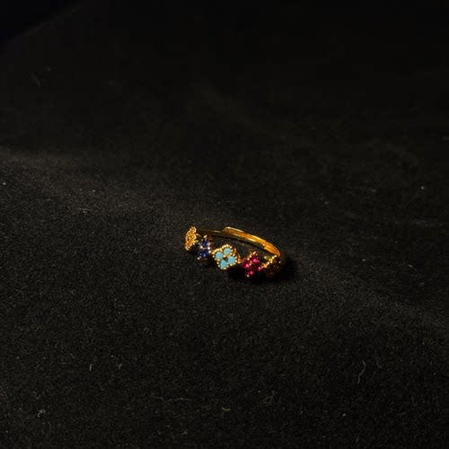 五色花梵宝镀金錾刻珐琅平价复古时尚活口戒指