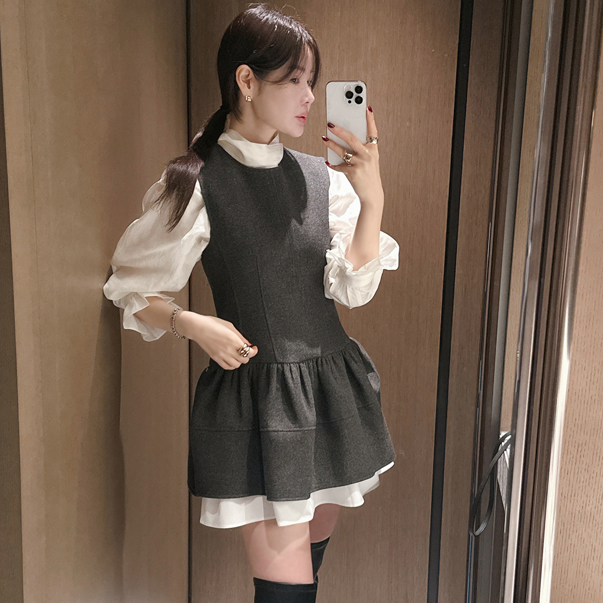 partysu韩国正品代购2025复古叠穿连衣裙女小个子气质连衣裙