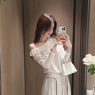 partysu韩国正品代购春季新款荷叶边一字肩针织衫女宽松长袖毛衣