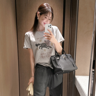 partysu韩国正品代购韩式猫咪印花短袖T恤女圆领宽松百搭休闲上衣