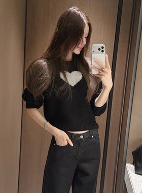 Partysu 韩国代购 减龄休闲甜美爱心圆领短款长袖时尚针织衫