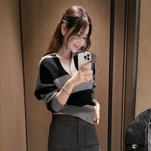 partysu韩国正品代购2025撞色条纹V领针织衫女长袖百搭慵懒风毛衣