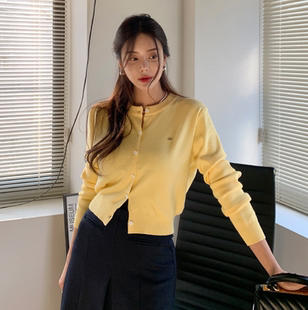 韩国正品代购春季新款气质圆领系扣长袖针织开衫女百搭毛衣外套