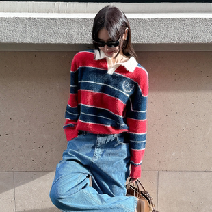 partysu韩国正品代购2025休闲风翻领条纹针织衫女宽松毛衣条纹