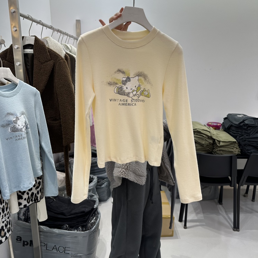 VISUAL SPACE韩国正品代购2025卡通印花长袖T恤女修身打底衫上衣