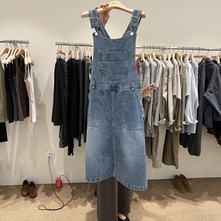 新款 春季 牛仔风背带连衣裙女高腰显瘦牛仔连衣裙 代购 韩国正品