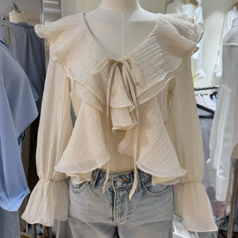 韩国正品代购 BARBARA GIRL春季新款性感V令系带荷叶边雪纺衬衫