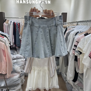 韩国正品代购 HANSUNGHYUN夏季新款学院风高腰牛仔百褶减龄半身裙