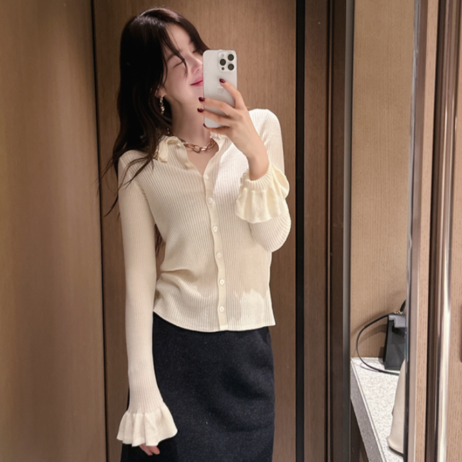 partysu韩国正品代购法式温柔风荷叶边针织衫女长袖显瘦上衣