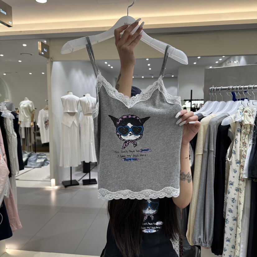 韩国正品代购 BENE夏款甜酷休闲百搭俏皮墨镜小猫咪印花减龄背心