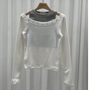 PLUM Q韩国正品 2025假两件露肩钉珠长袖 SAY 代购 T恤 YOU