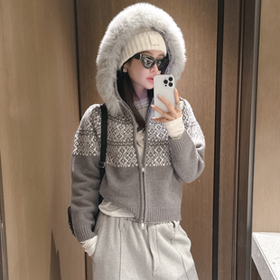 即发 partysu韩国正品代购 费尔岛风连帽拉链针织衫复古毛衣女