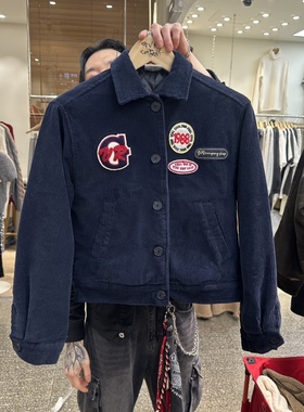 VARY COON韩国正品代购2025复古运动感徽标贴布灯芯绒外套女