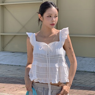 韩国代购夏款 减龄娃娃衫简约镂空花边气质荷叶边小飞袖衬衫