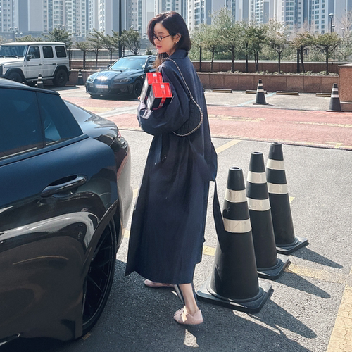 Partysu正品 韩国代购春松弛感天花板收腰显瘦长款过膝风衣