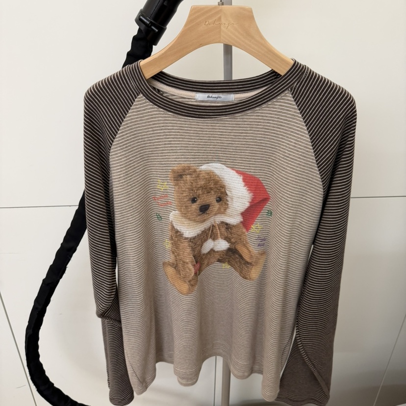 DOHWAJI韩国正品代购2025可爱小熊印花撞色插肩袖长袖T恤女