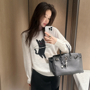 partysu韩国正品代购时尚可爱小猫图案圆领套头毛衣女