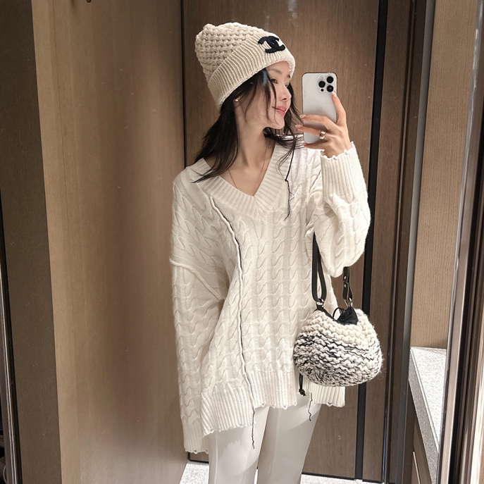 partysu韩国正品代购2025韩版V领麻花纹针织衫女宽松毛衣外套