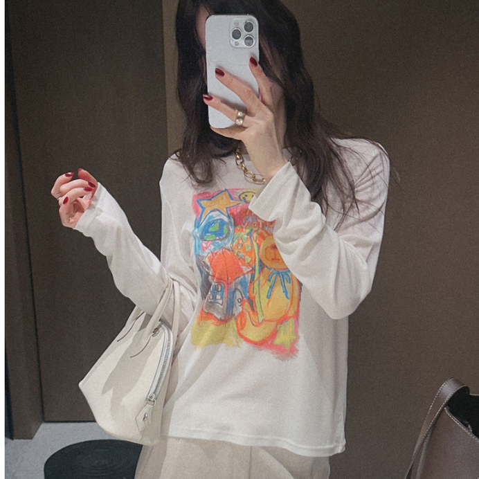 partysu韩国正品代购2025童趣风小熊涂鸦印花长袖T恤女时尚上衣