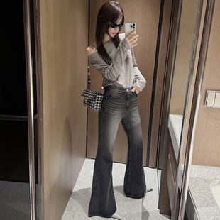 partysu韩国正品代购 休闲复古高腰气质舒适吸睛日常喇叭牛仔裤