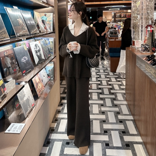 partysu韩国正品代购 华夫格V领针织套装女宽松毛衣+休闲裤