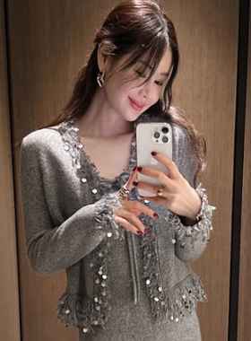 partysu韩国正品代购2025亮片流苏针织开衫女V领毛边设计针织衫