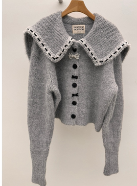 THORE韩国正品代购2025甜美风娃娃领蝴蝶结扣针织开衫女毛衣