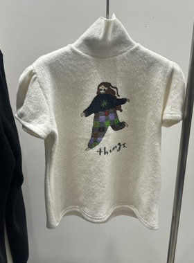 TARABY MOTION韩国正品代购2025女装高领短袖针织衫卡通印花上衣