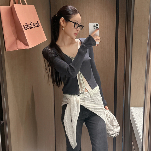 即发 Partysu正品 韩国代购 甜美又减龄V领假两件蕾丝边针织开衫