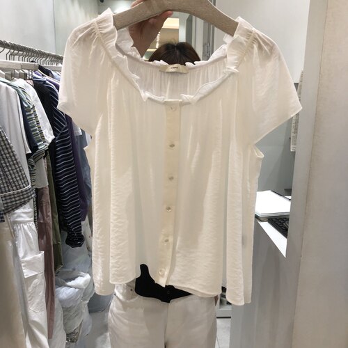 韩国正品代购春季新款 气质淑女风褶边方领排扣韩系简约短袖衬衫