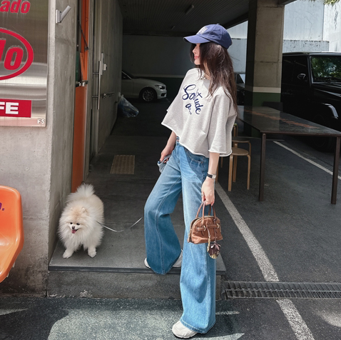 Partysu正品 韩国代购夏款松弛舒适宽松微喇修饰腿部牛仔裤