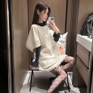 partysu韩国正品代购韩版宽松短袖针织衫女圆领套头毛衣时尚上衣